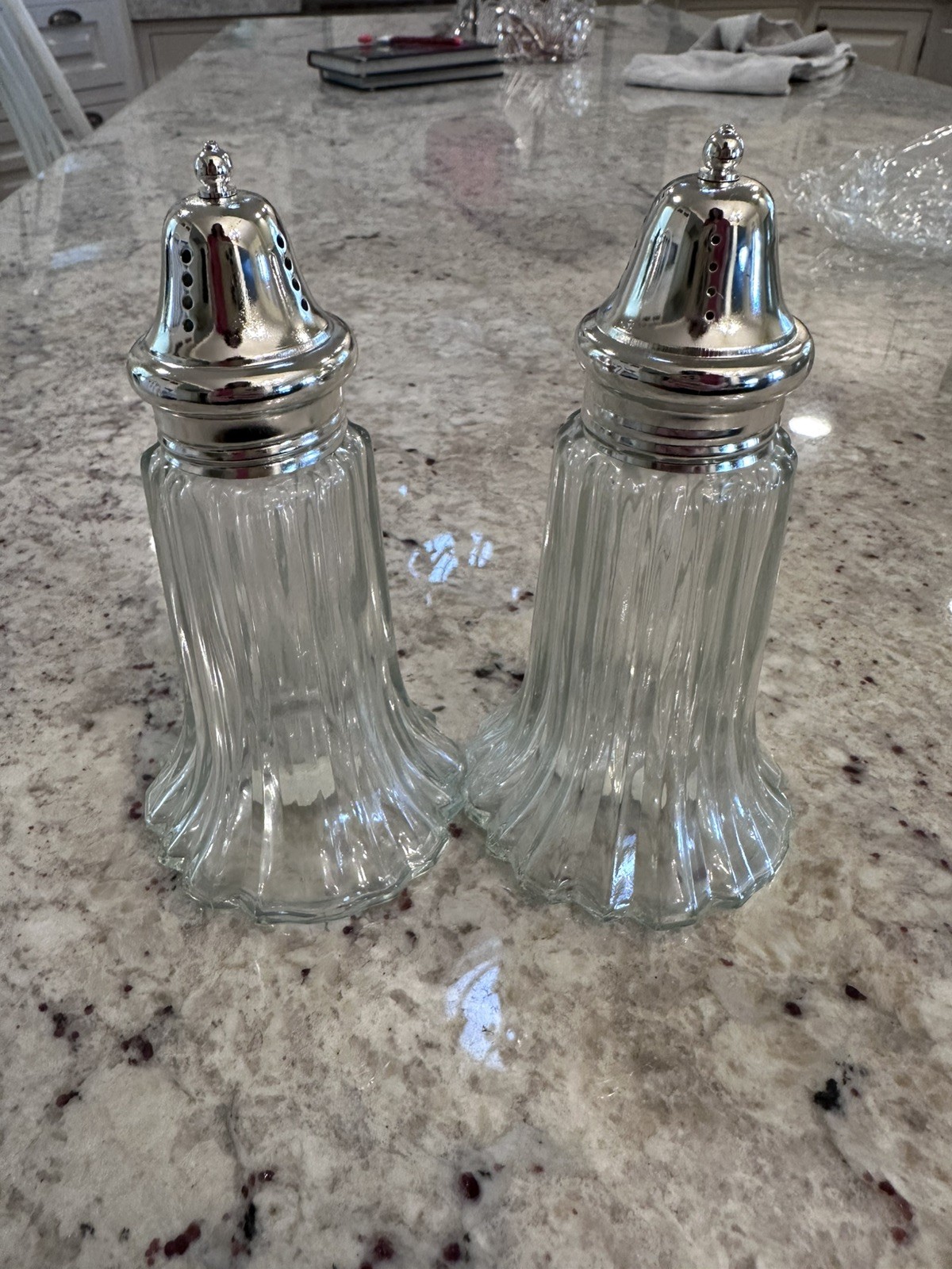 Vtg Leonard Crystal Salt and Pepper Shakers Silver plate Tops Made in Japan NEW