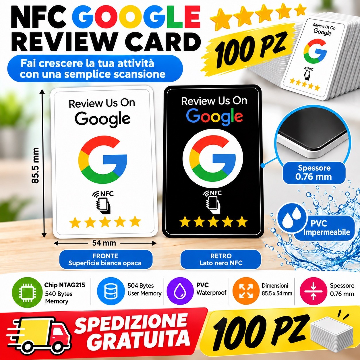 100pcs Google Card Review NFC & Qr Code Black & White Double Sided + PDF Guide