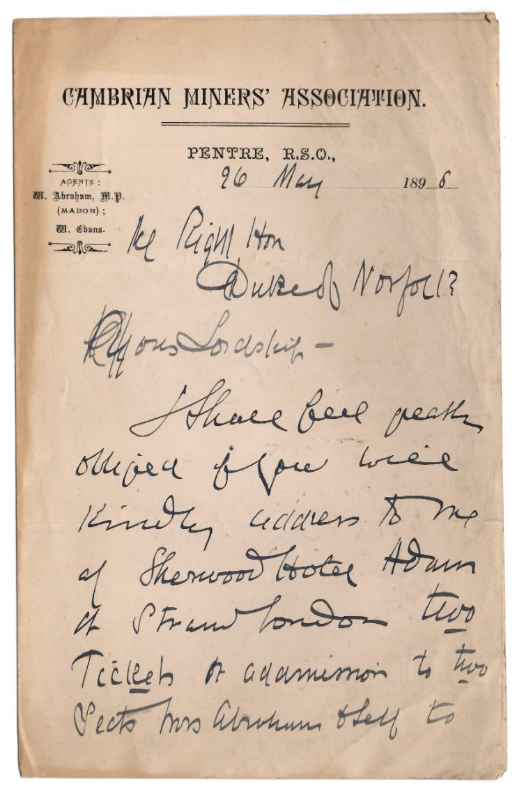 William Mabon Abraham Signed Letter 1896 Autograph Trade Union Gladstone Funeral