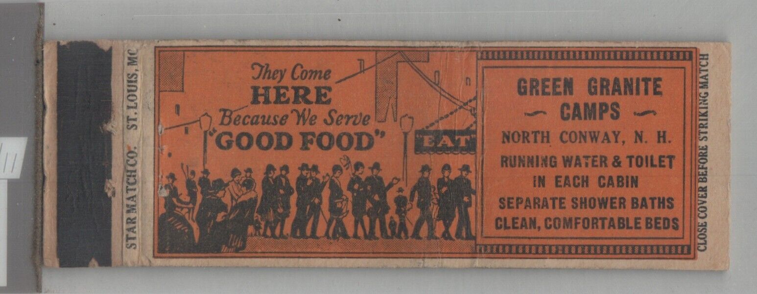 1930's Tall Matchbook Cover Star Match Co. Green Granite Camps North Conway NY