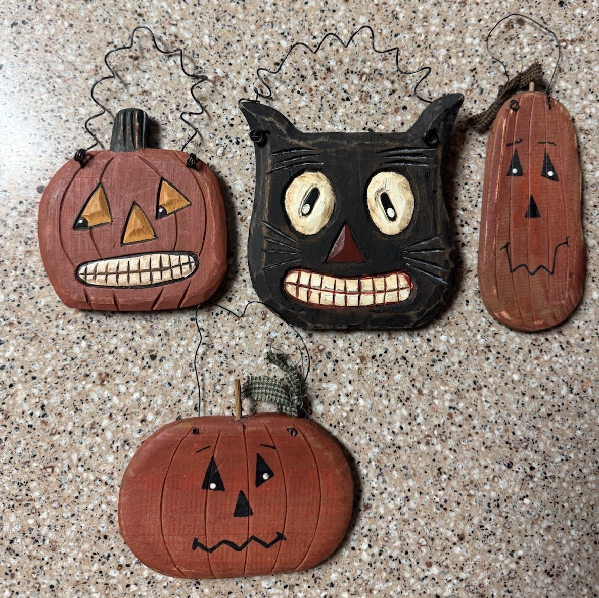 Lot of 4 Primitive Folk Art Whimsical Halloween Hanging Black Cat-Pumpkins Lot of 4 Primitive Folk Art Whimsical Halloween Hanging Black Cat-Pumpkins