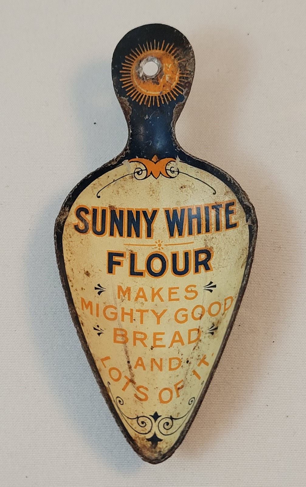 Vintage Sunny White Flour Advertising Tin Scoop - Colorful Lithographed Graphics