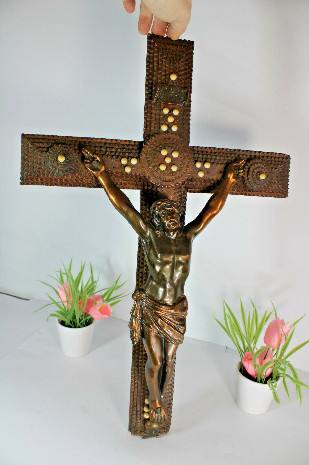 Tramp Art crucifix antique large religious Tramp Art crucifix antique large religious