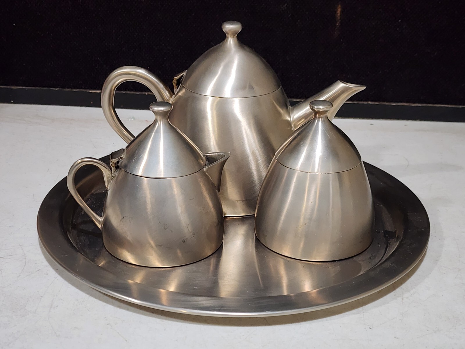 Lauffer Collection Lunar Tea Set By Towle Teapot Sugar Creamer and Tray