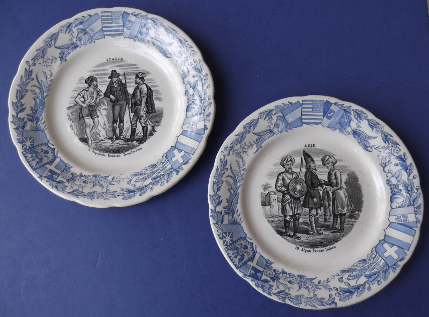 2 Antique HB Choisy le Roi French Plates - Blue & Black - Countries of the World