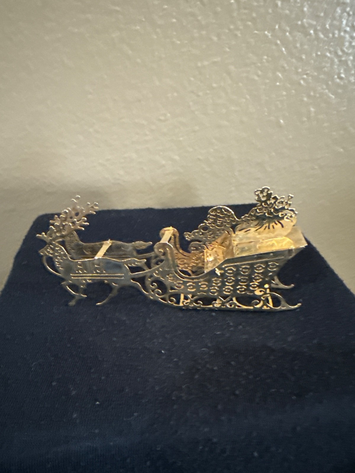 Brass Gold Plated Ornament Christmas Santa Sleigh Vtg
