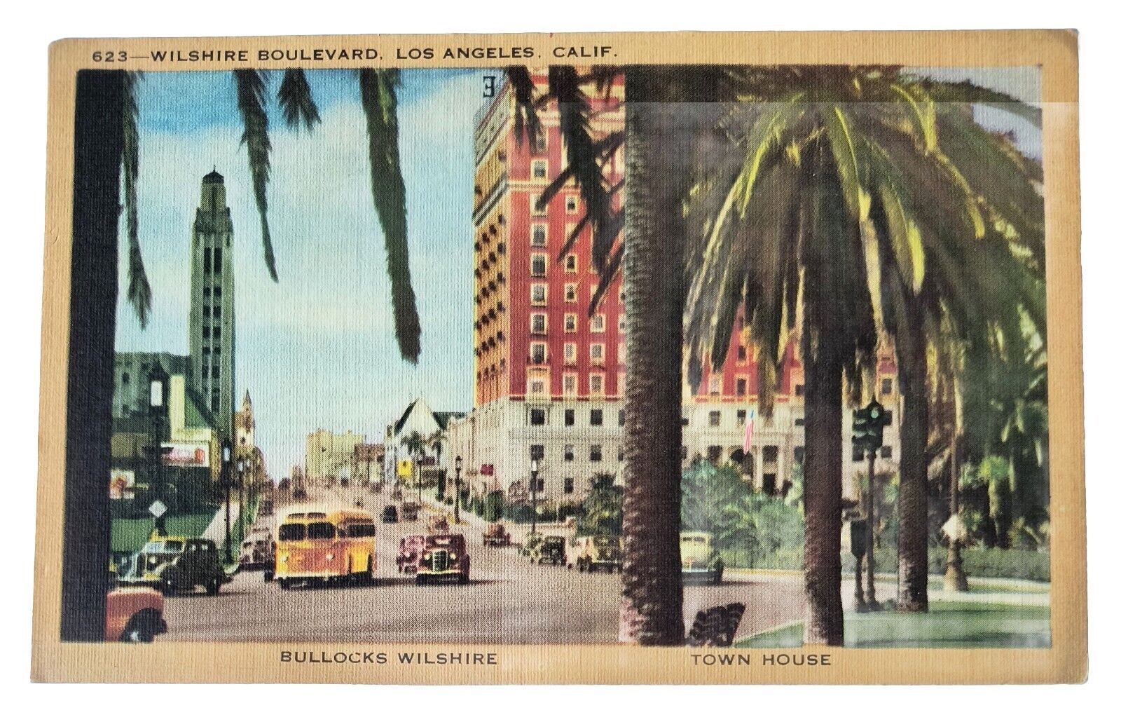 Los Angeles California Wilshire Blvd Bullocks & Town House Vintage Postcard D1