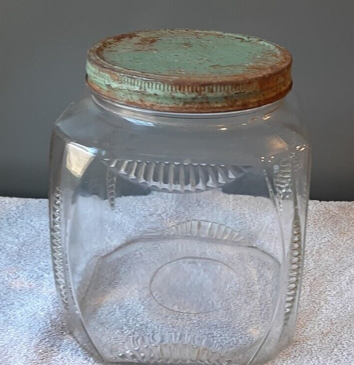 Vintage Kitchen Hoosier Glass Ribbed Large Glass Canister Jar 8'' Tall x 6'' W