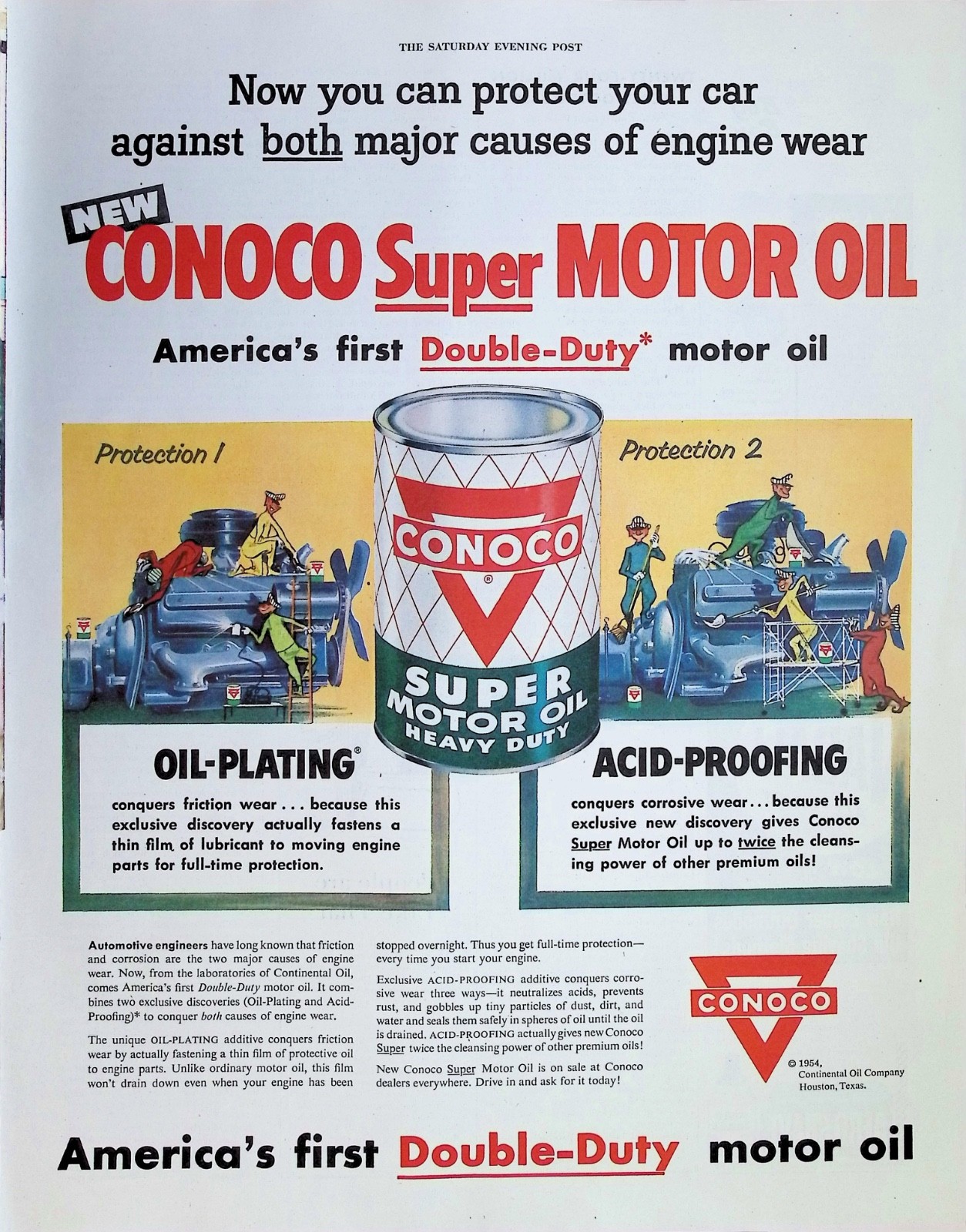 Original 1954 Conoco Ad: Super Motor Oil Tin Can Double Duty V8 Engine Graphic