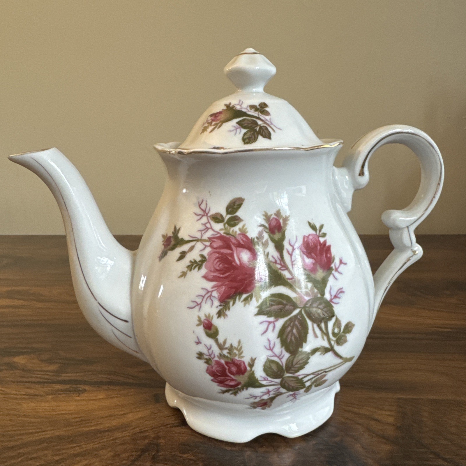 Vtg Chase Japan Teapot Pink Rose Hand Painted Pegasus Mark Gold Trim MCM AS IS