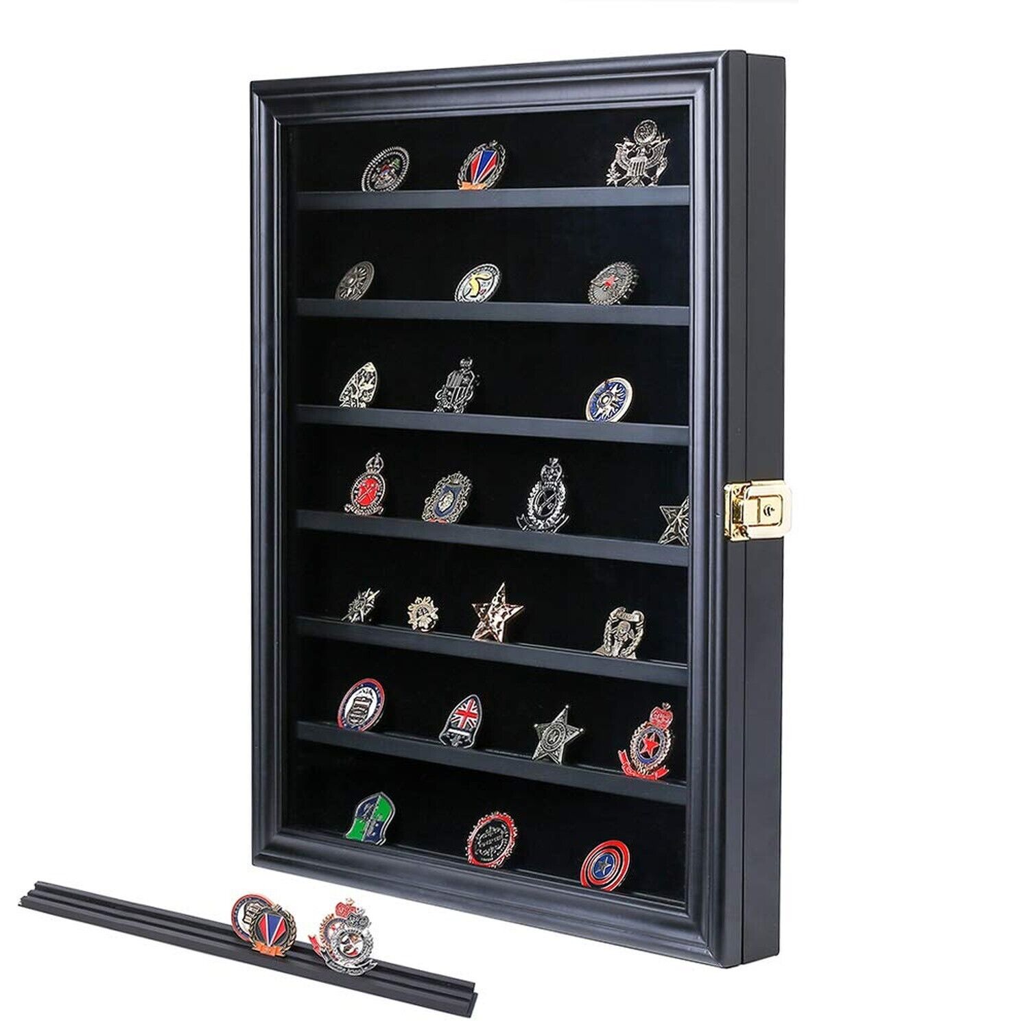 Military Challenge Coin Display Case Lockable Wood Cabinet Rack Holder Black ...