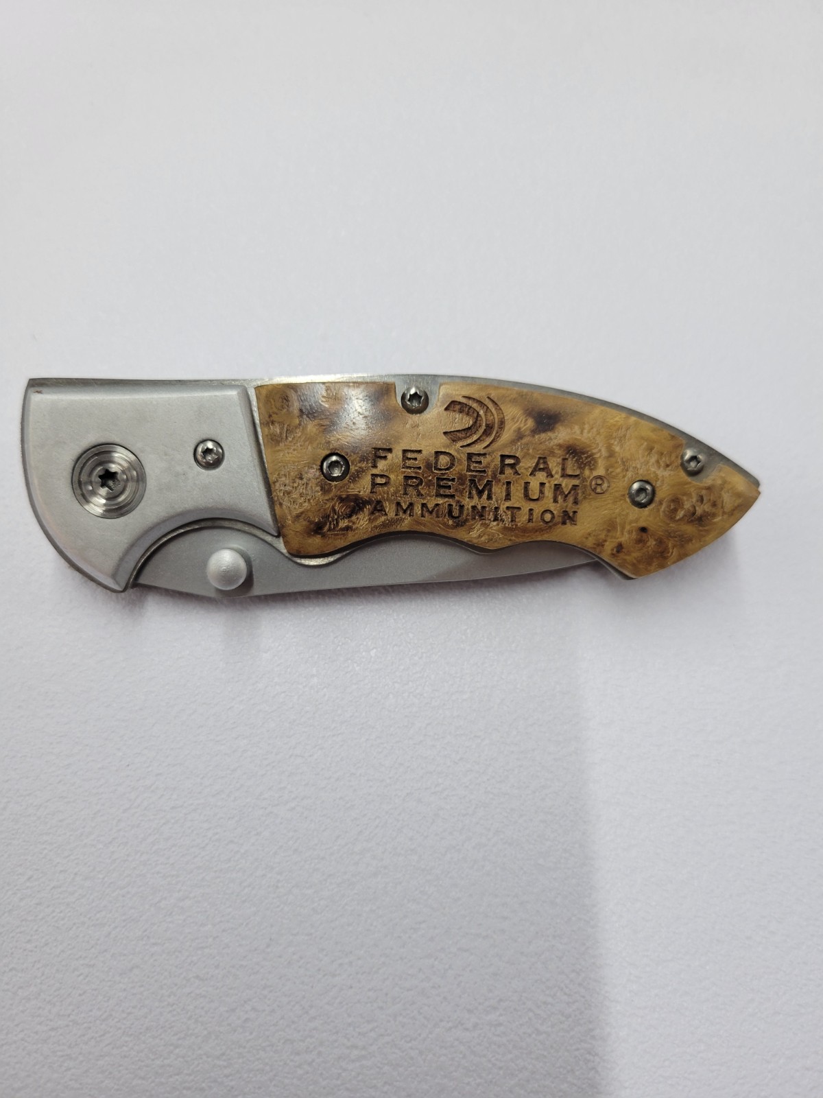 Federal Premium Ammunition Folding Pocketknife Wood Handle Stainless Drop Point