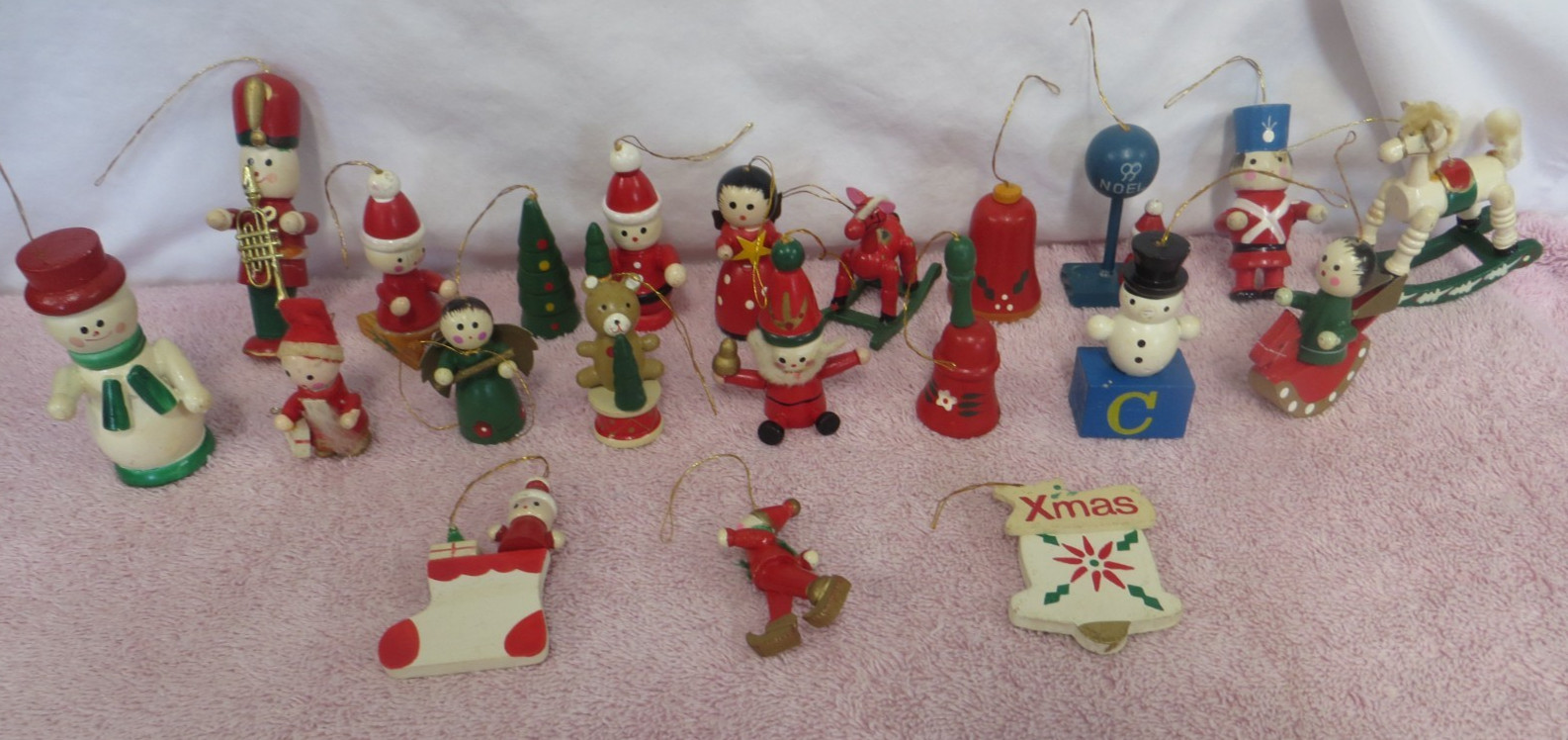 21 Vtg Wood Christmas Ornaments - Snowman, Soldier, Santa, Bell, Rocking Horse