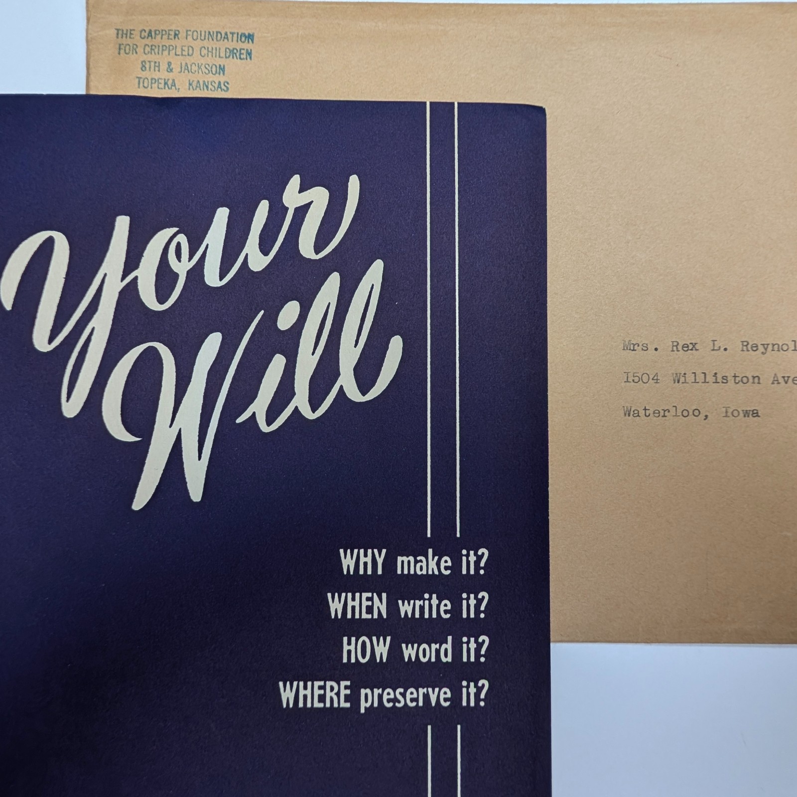 Vtg 1950s Topeka KS Capper Foundation Your Will Booklet Form Letter Envelope