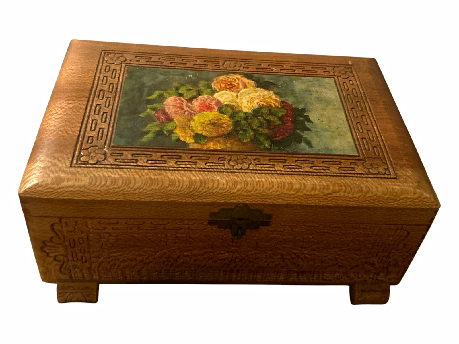 Vintage Wooden Floral Decoupage Keepsake Jewelry Box Footed Rustic Cottagecore