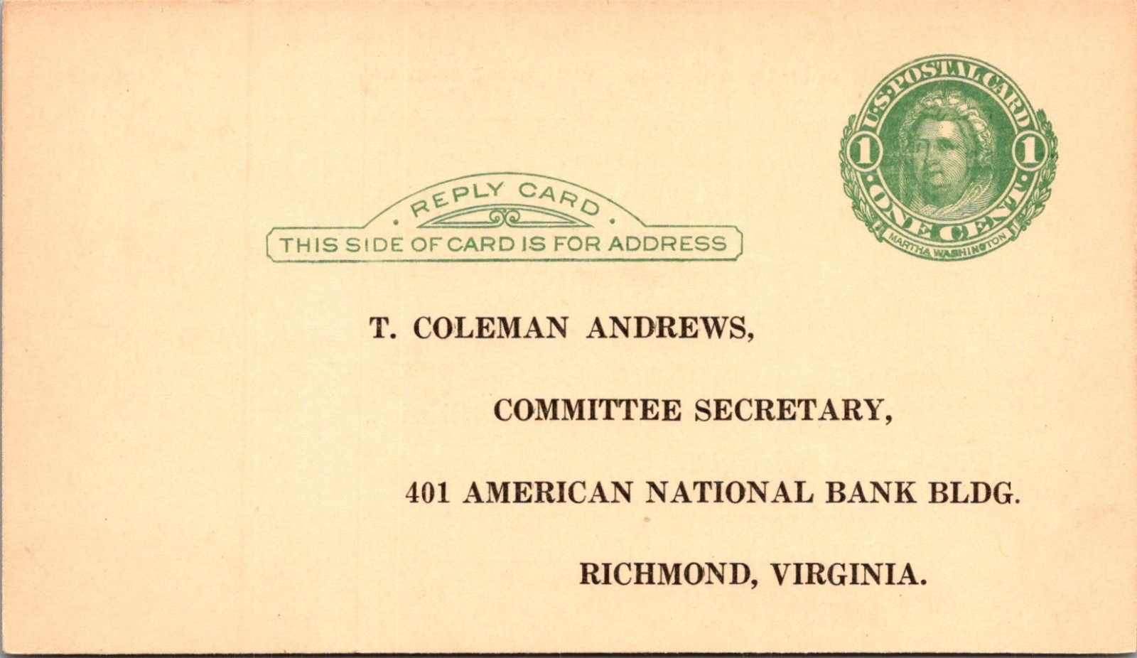 Reservation For T Coleman Andrews Richmond VA Vintage Postal Mailing Card TPI2