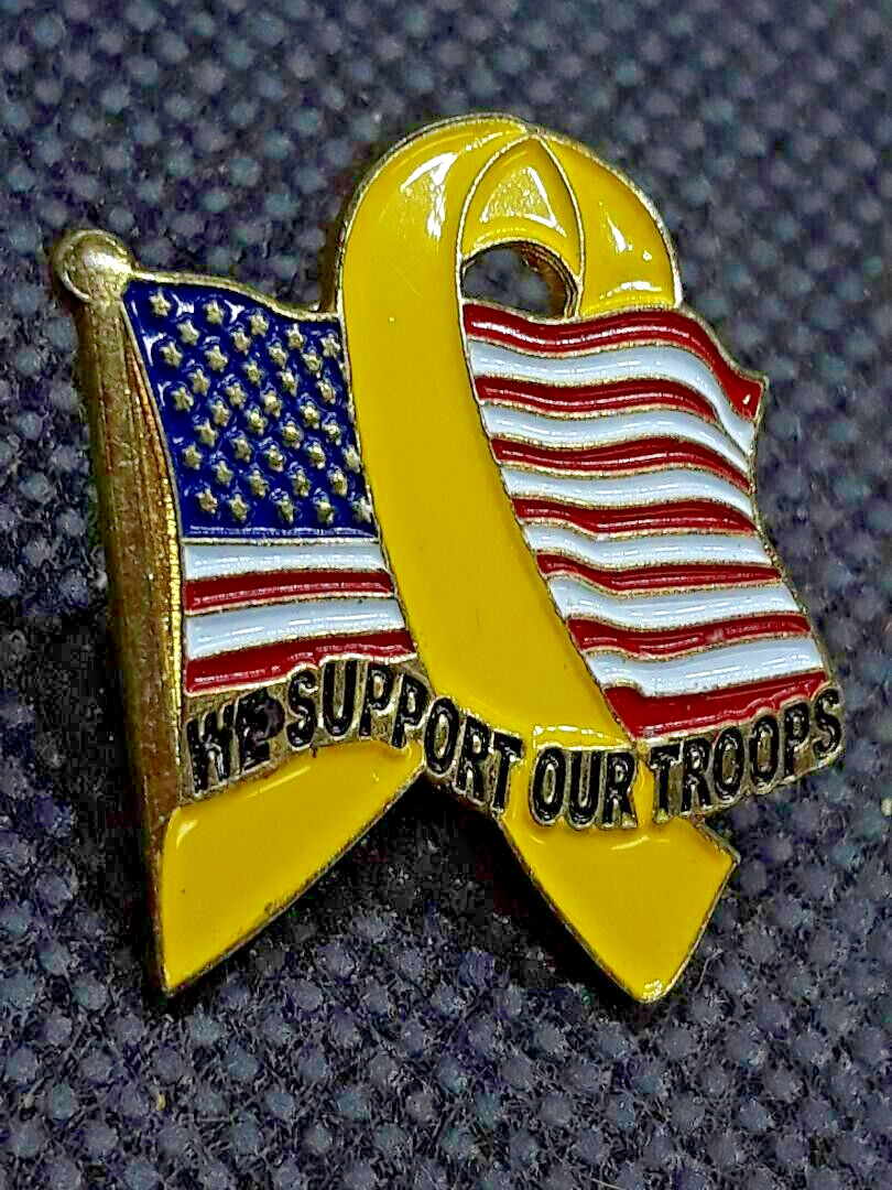 Vintage We Support Our Troops Lapel Pin Military USA Yellow Ribbon Patriotic