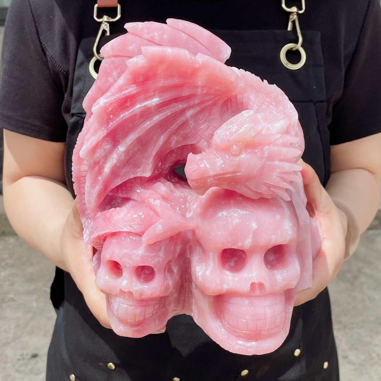 9LB Natural Pink Opal Crystal Dragon & Double Skulls Carving Sculpture Healing
