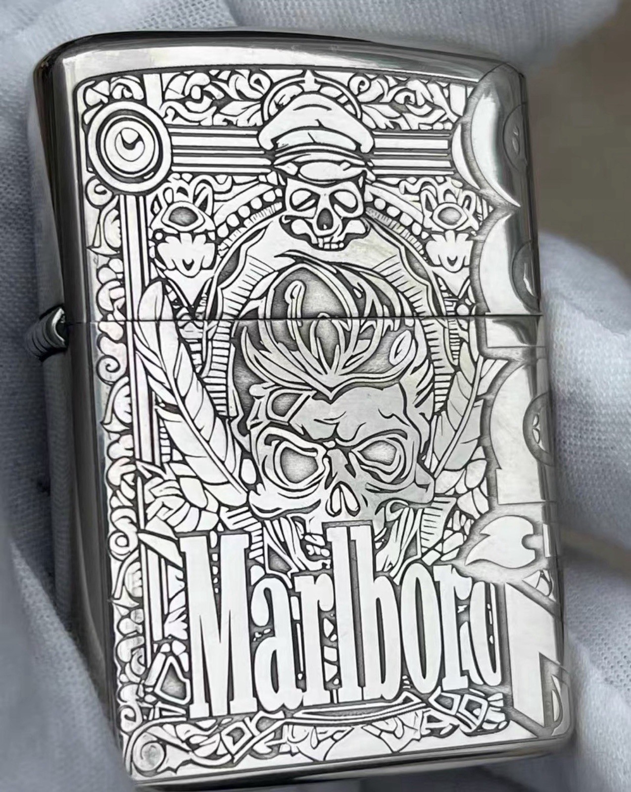 Marlboro Skull Zippo Windproof Lighter Silver Gothic Design Collectible With Box