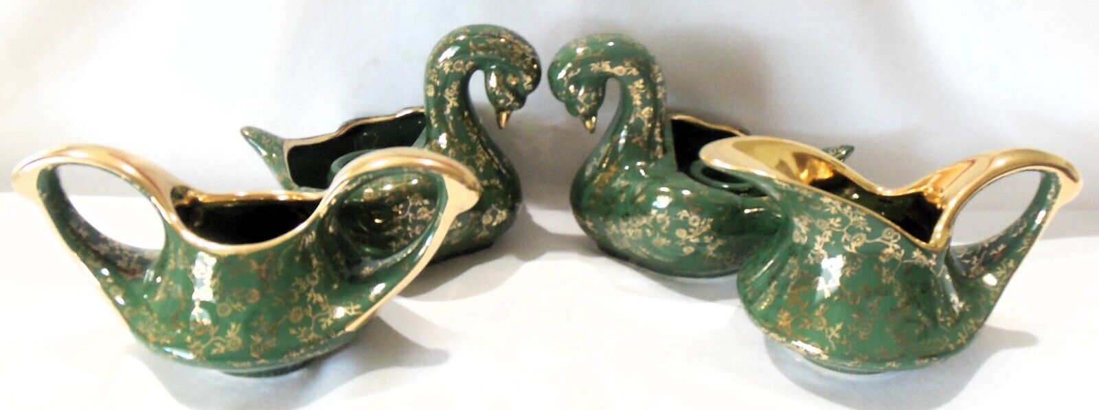Pearl China Set of 4 Art Deco Dark Green Sugar Creamer Swan Candlesticks MINT