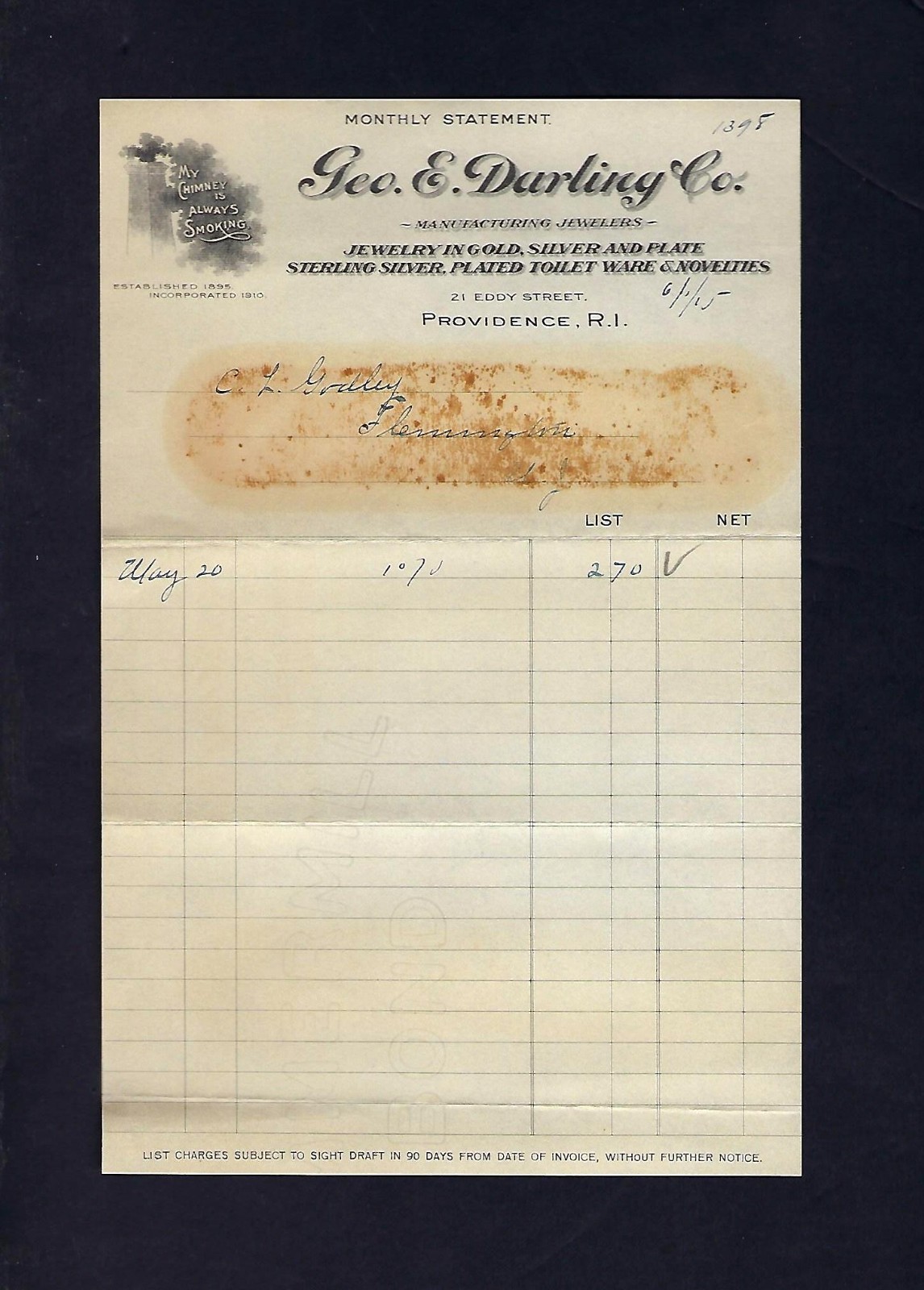 1915 Geo. E. Darling Co. Providence RI Jewelry Billhead – Gold & Silver