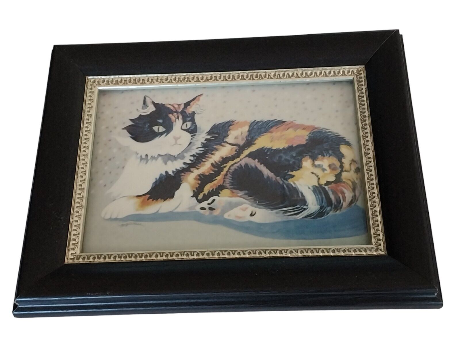 Vtg Framed Watercolor Art Print Photo Laying Calico Cat 7.25\