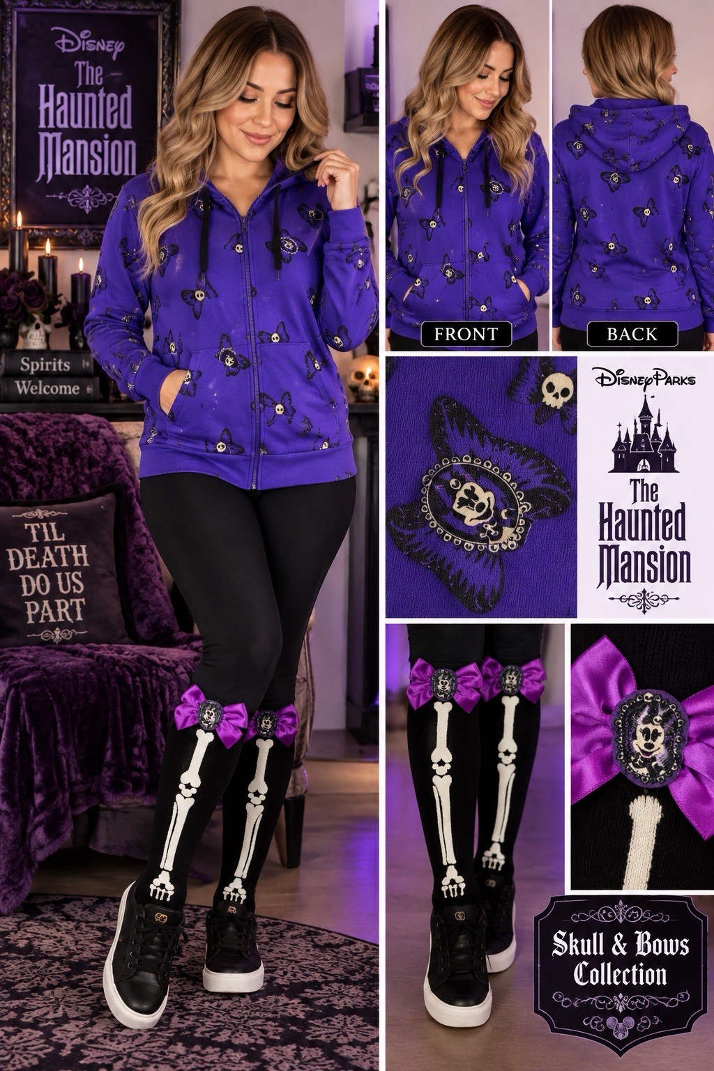 Disney Parks Haunted Mansion Skull & Bows Purple XS Zip Hoodie + Matching Socks