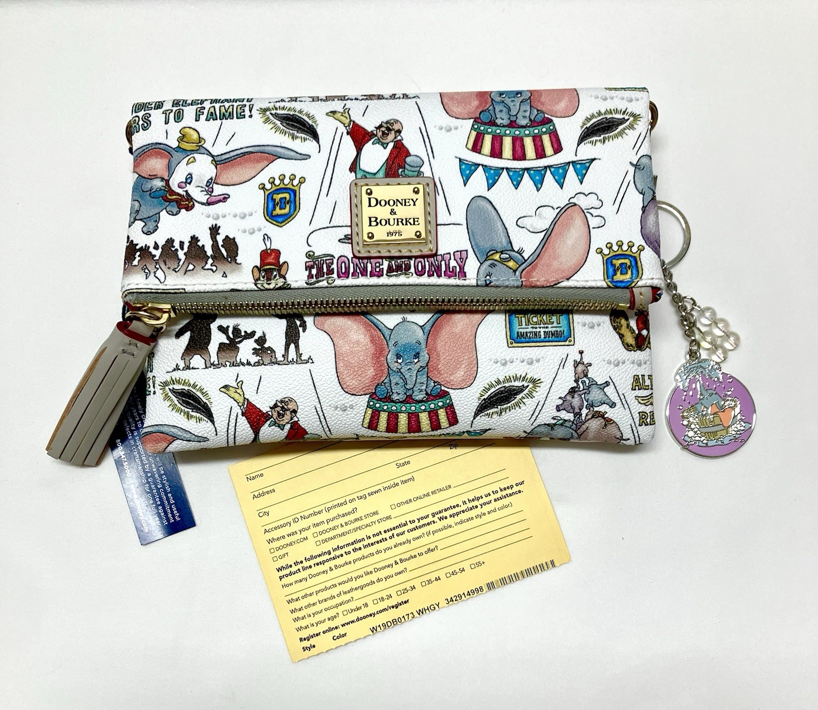 Dooney & Bourke Disney Dumbo Crossbody/Clutch Fold over Bag and Purse Charm NWT