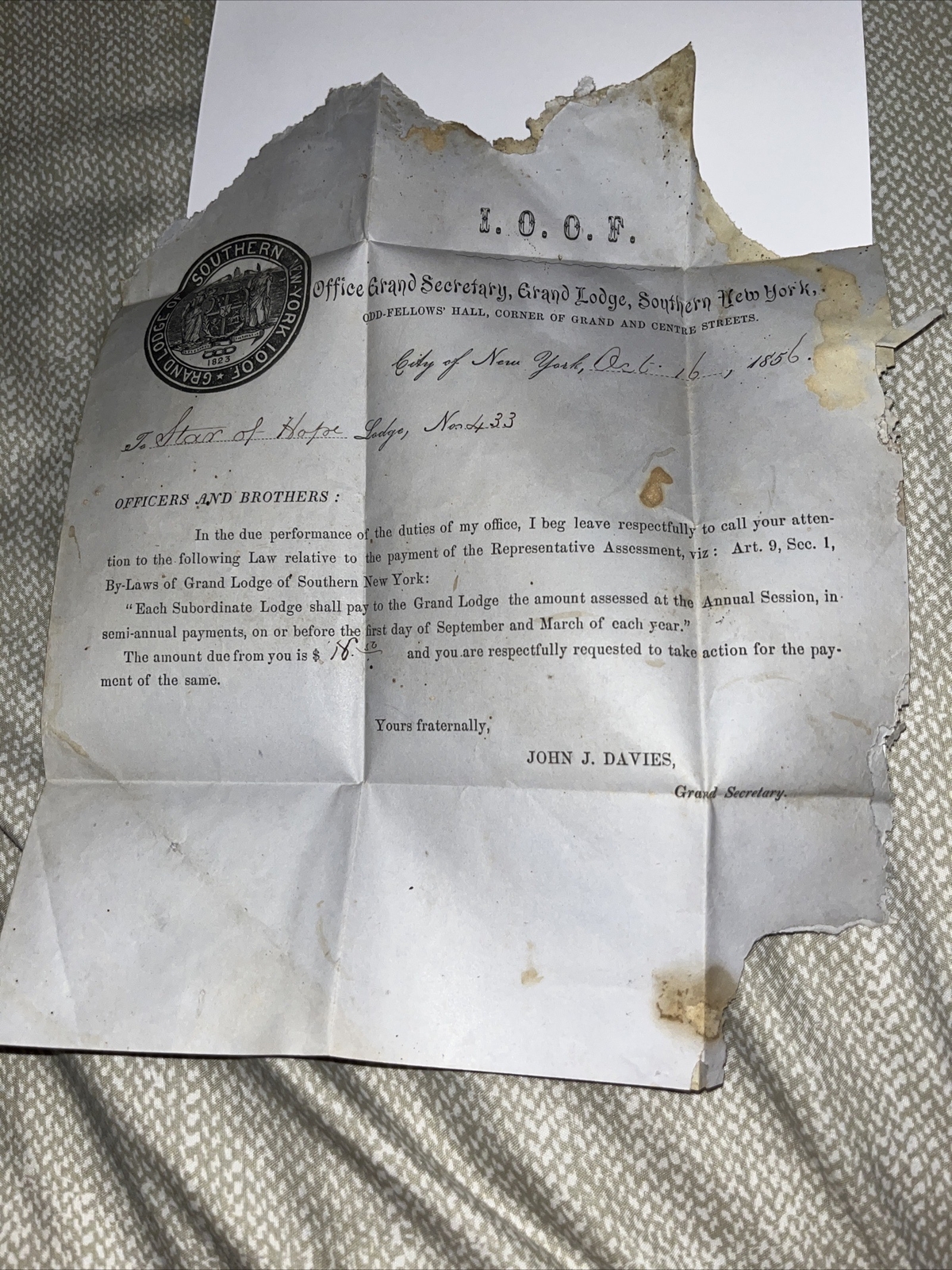 Antique 1856 Pre Civil War Era Letter on IOOF Letterhead: Annual Dues Request
