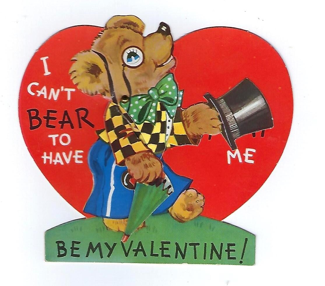 c1939 Vintage Valentine Mechanical Greeting Card, Bear Tipping a Top Hat