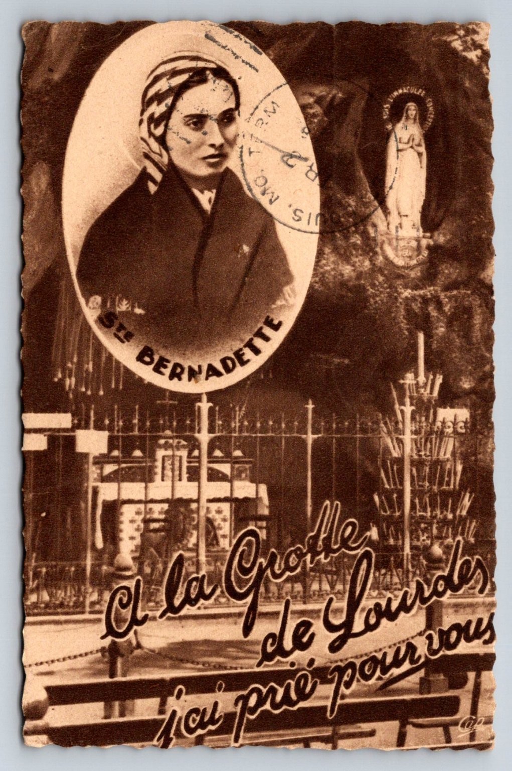 1952 St. Bernadette Lourdes Grotto France Sepia Postcard St. Louis Return