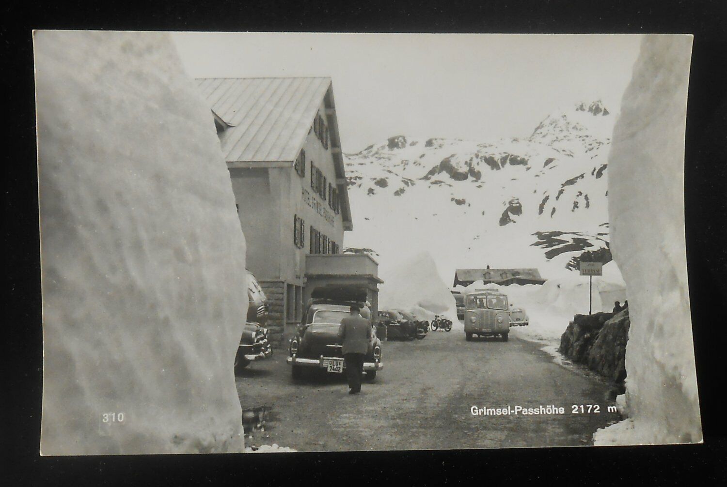 RPPC 1950s Hotel Grimsel-Passhöhe Cars Bus Motorcycle Grimsel Pass Switzerland