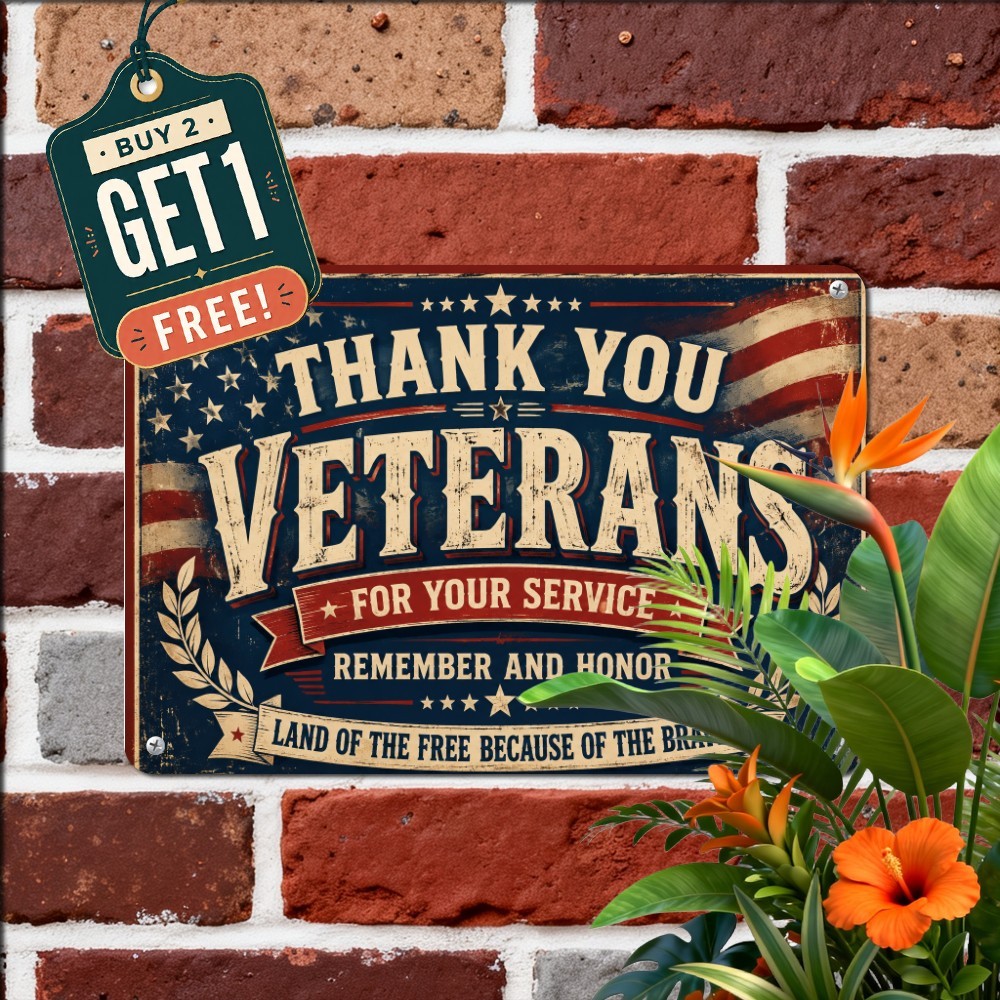 Patriotic American Military Veteran Sign Vintage USA Flag Honor Metal Tin Plaque