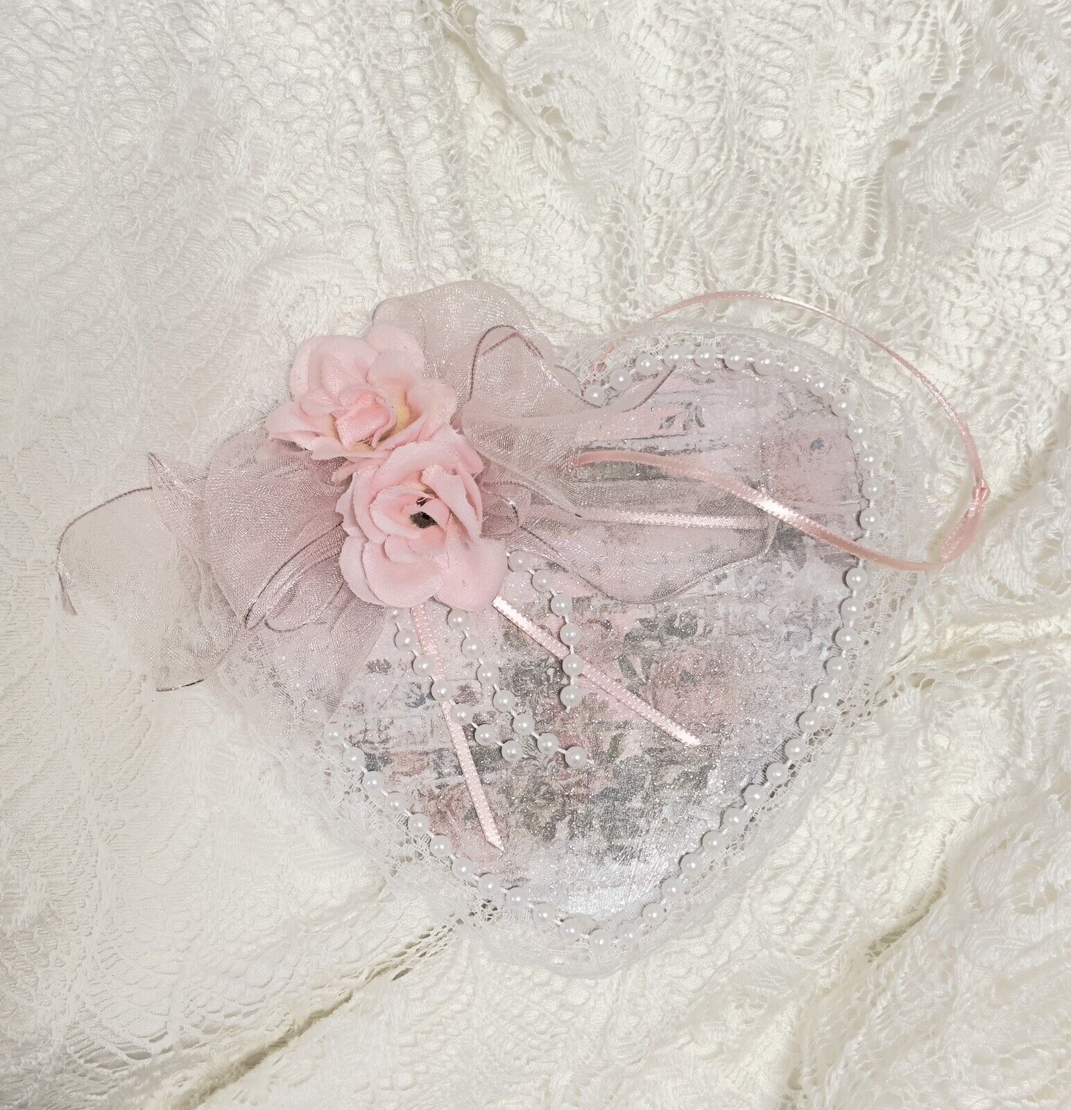 Shabby Chic Pink Roses Victorian Mother’s Day Spring Heart Tier Tray Ornament