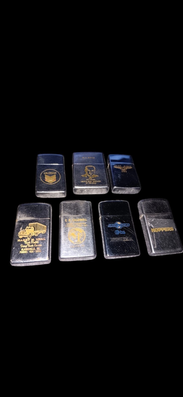 Lot Of 7 Vintage Zippos Chrome Advertising Untested