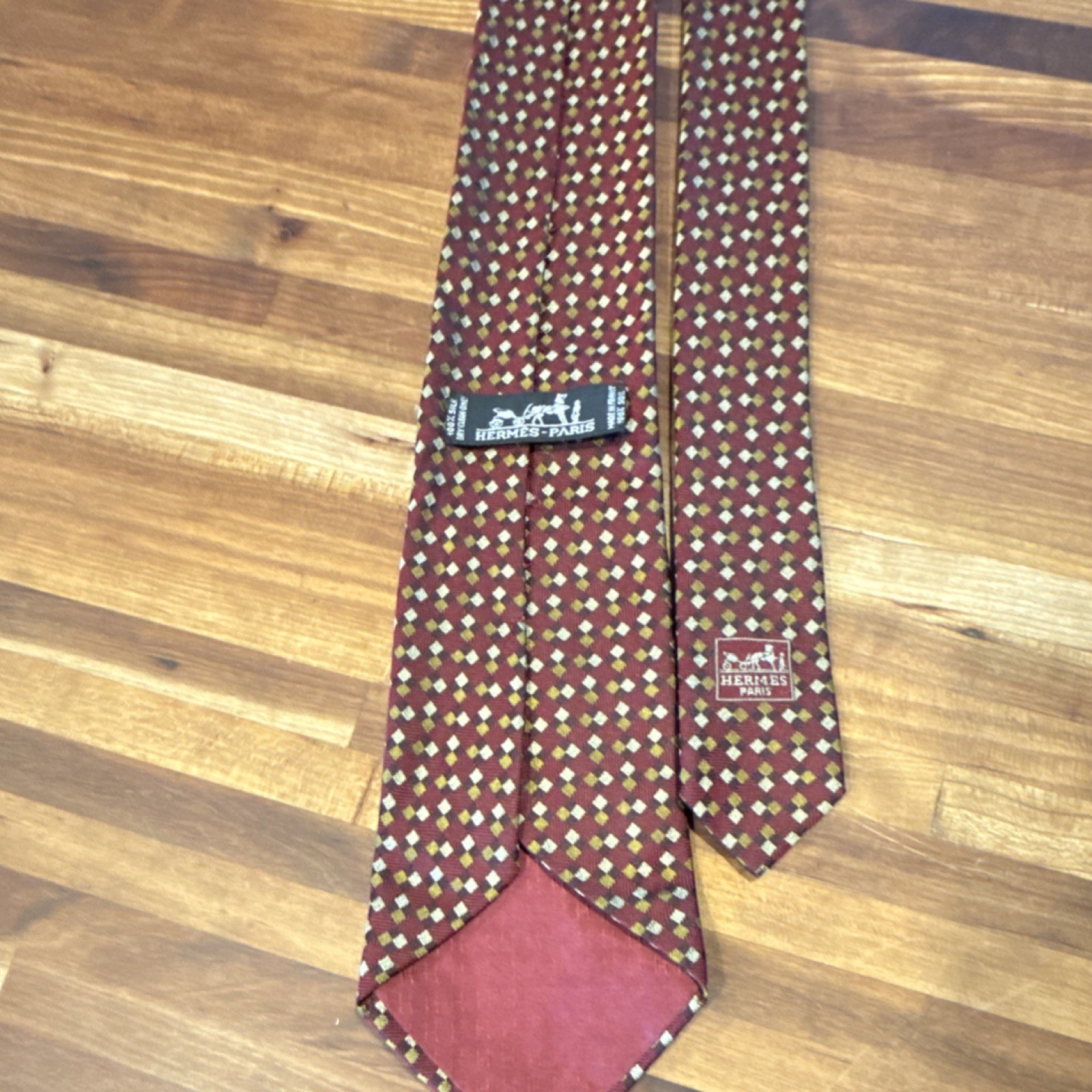 Hermès Paris Men's Tie Red Patterned Geometric Design Yellow White Accents