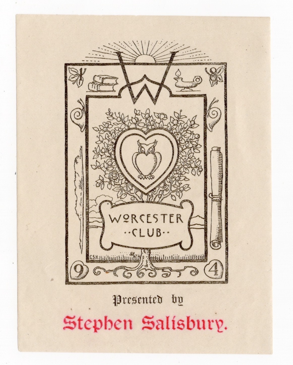 Antique 1894 Bookplate Worcester Womans Club Stephen Salisbury Ex-Libris Art MA
