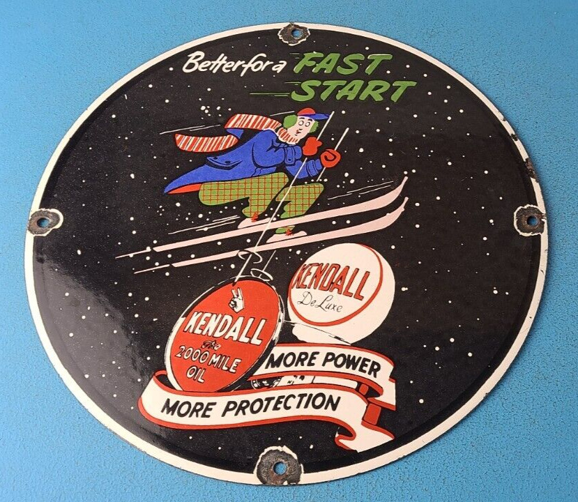 Vintage Kendall Motor Oils Sign - Porcelain Snow Skiing Ad Gas Pump Plate Sign