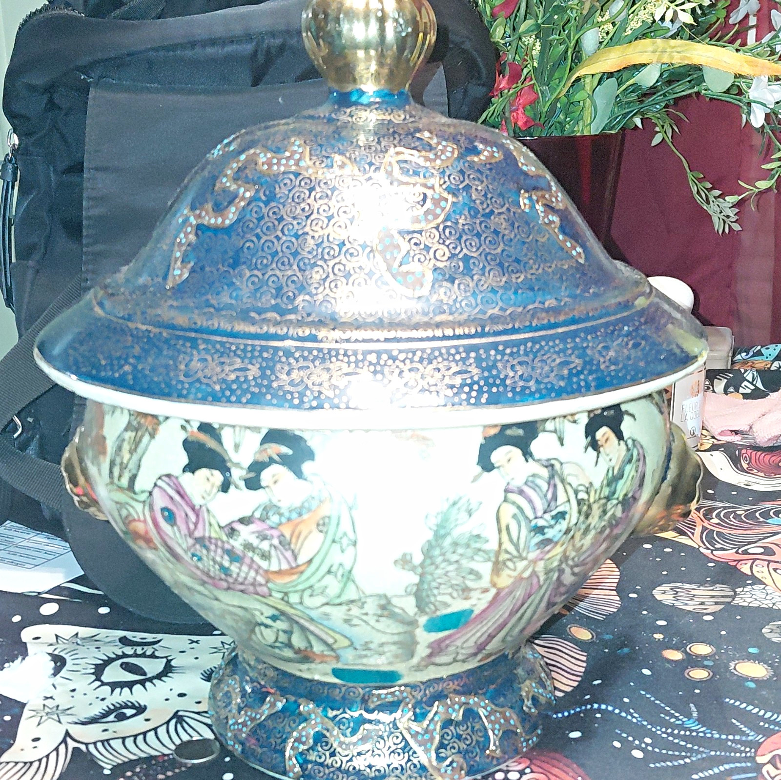 antique Japanese  satsuma cobalt and gold handled lidded urn