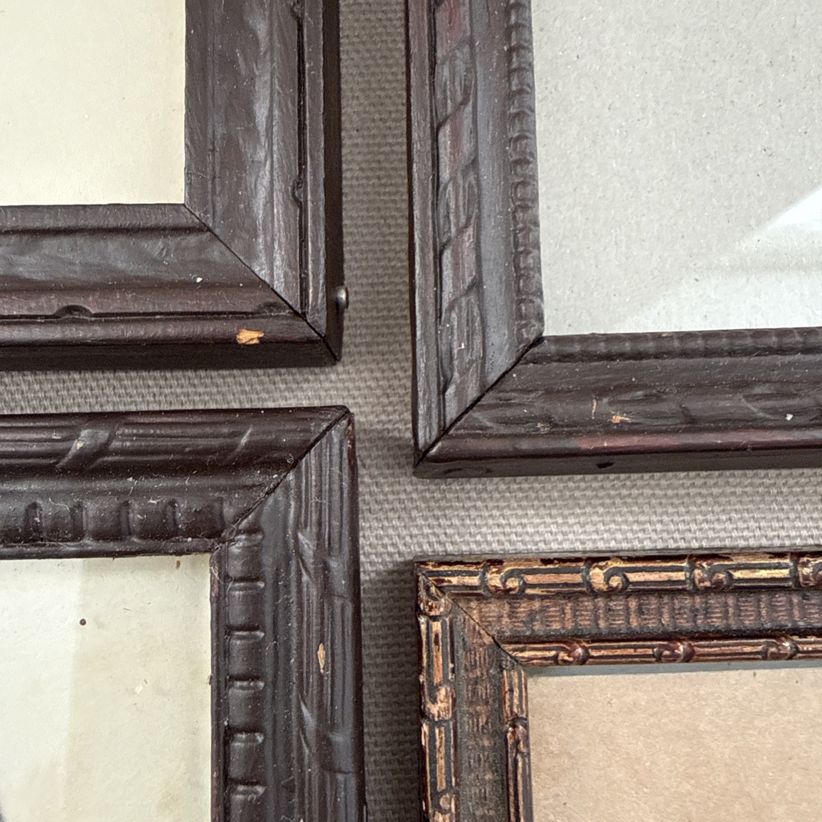 Vintage Art Deco Carved Stamped Wood Picture Frames Glass Lot Of 6 Collage
