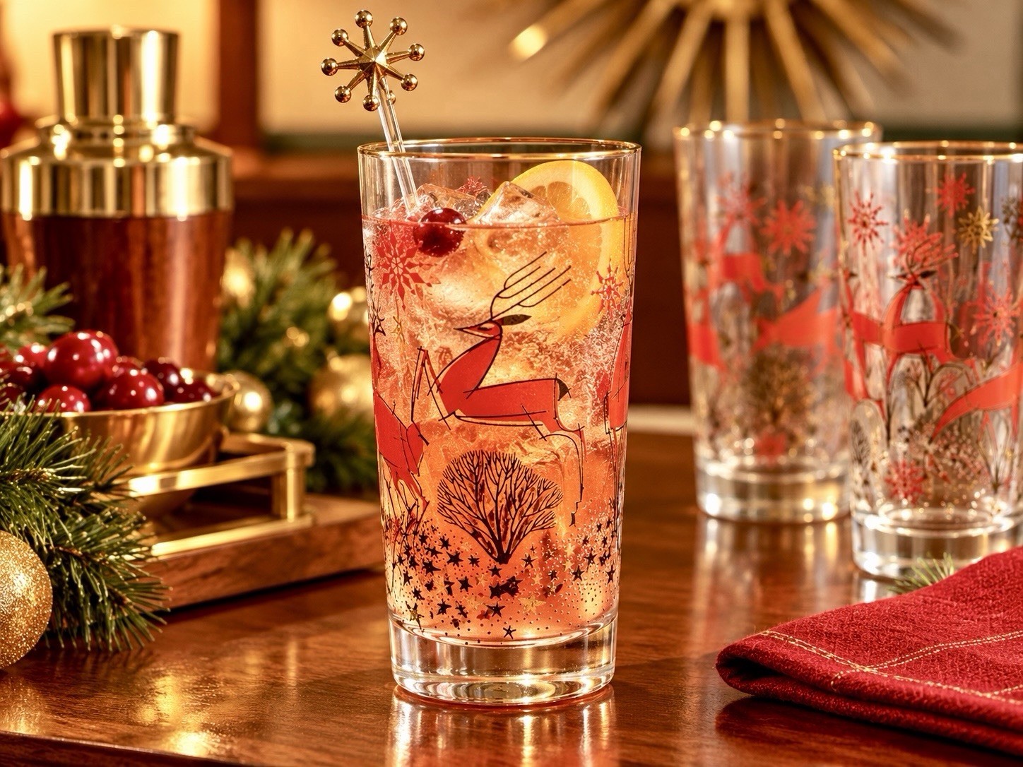 Vintage MCM Libbey Atomic Reindeer Glasses Stylized Mid Century Christmas 50s 8 Vintage MCM Libbey Atomic Reindeer Glasses Stylized Mid Century Christmas 50s 8