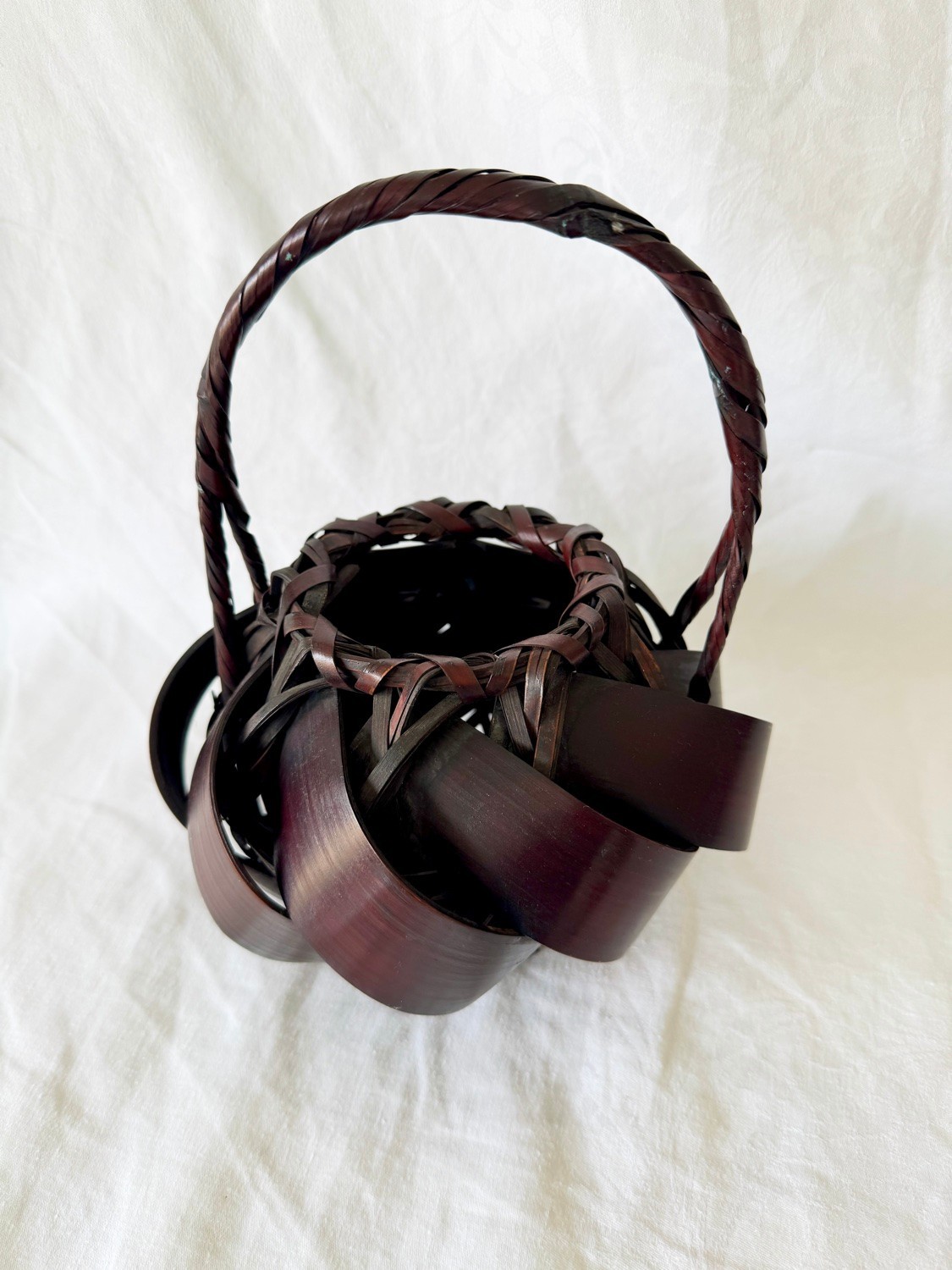 Vintage Japanese Bamboo Hanakago Basket Ikebana Dark Woven Handle