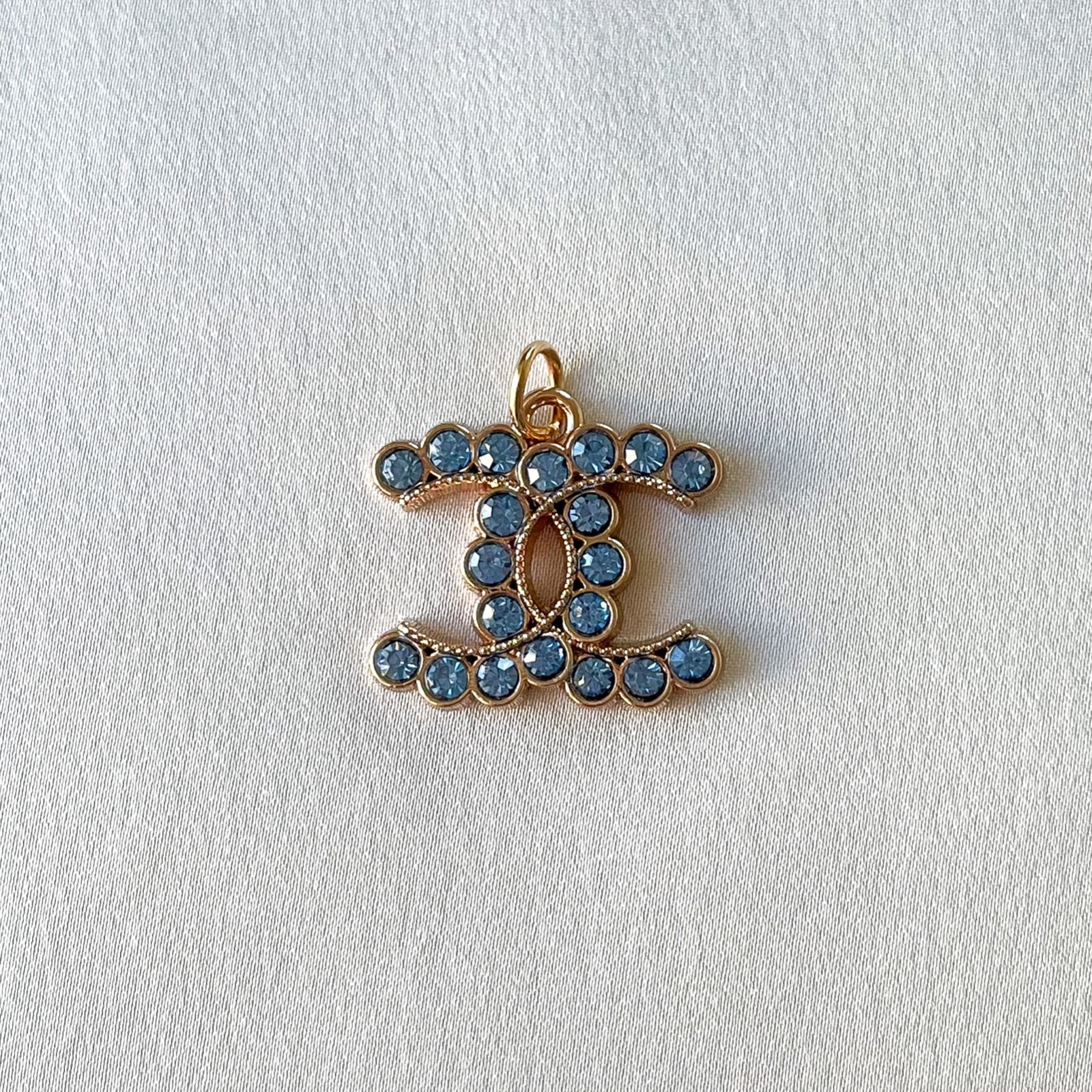 Chanel Zipper Pull Pendant, Blue Rhinestones, Gold, 22mm, Stamped