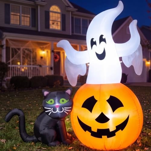 5FT Self-Inflating Ghost on Pumpkin with Black Cat for Spooky Halloween Decor