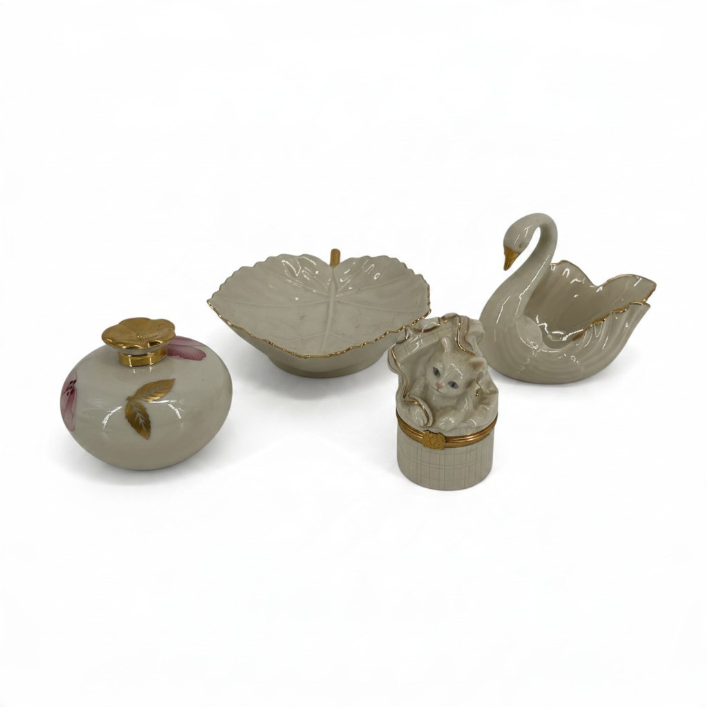 Lenox Porcelain Lot of 4 Swan Cat Trinket Box Leaf Dish Perfume Bottle Gold Trim
