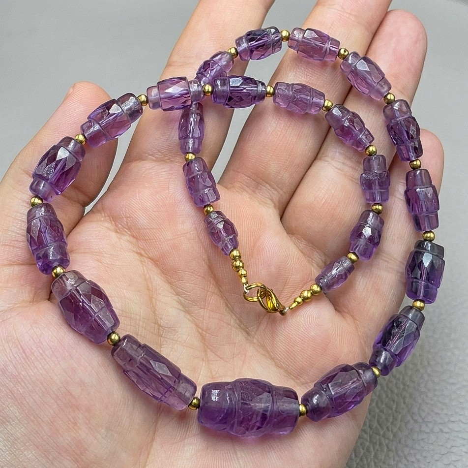 VINTAGE 1970\'S CARVED AMETHYST BEAD NECKLACE Hand Carved.. Natural AMETHYST 
