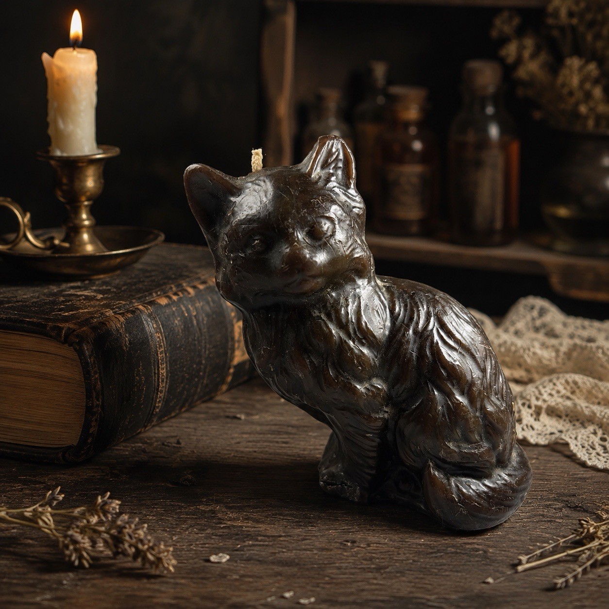 Vintage Black Brown Cat Figural Candle Unburned Kitten Halloween Decor 4.5”