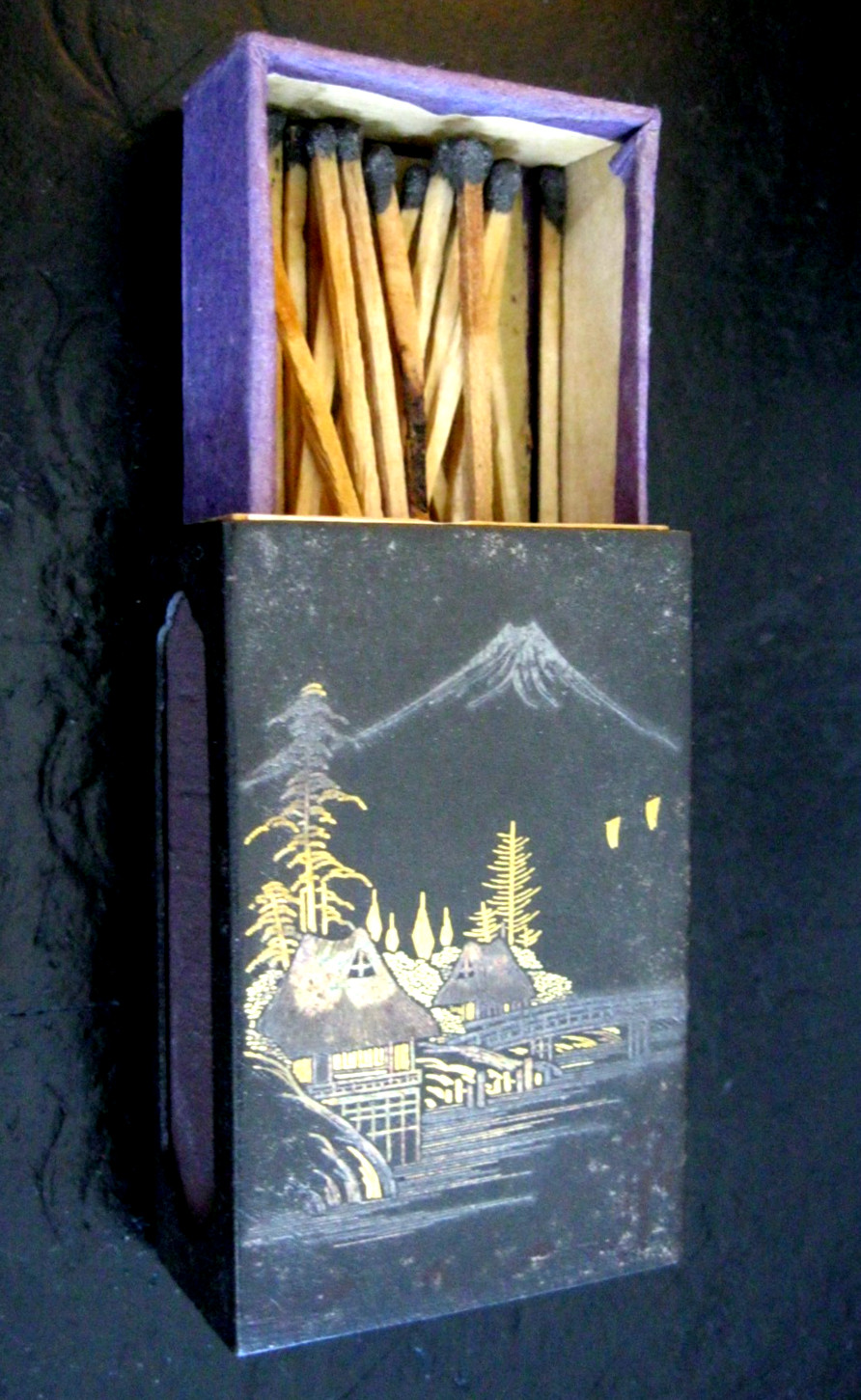 K24 WW2 Japanese Gold Silver Damascene Matchbox Holder w/Period Matchbox/Matches