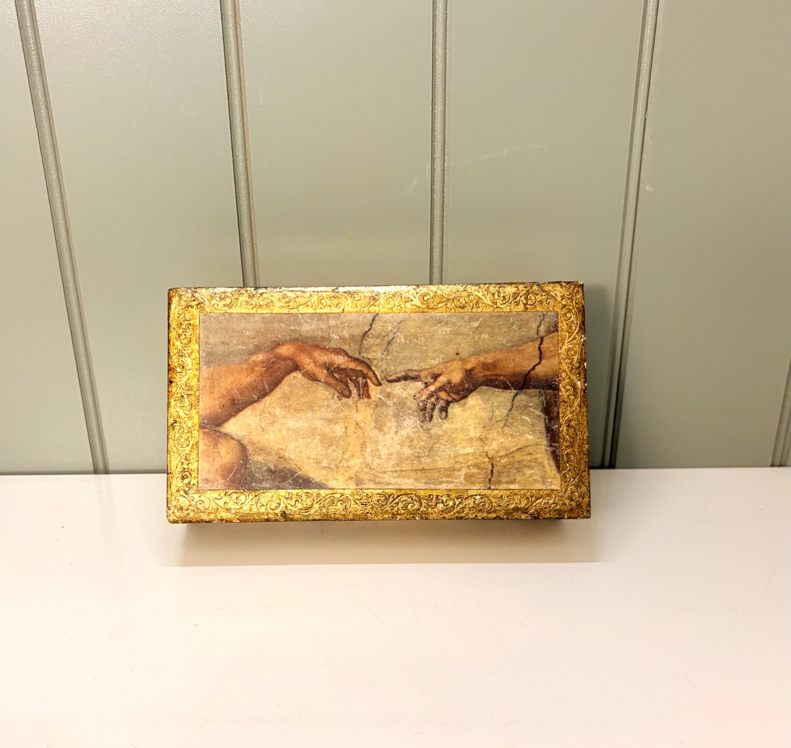  VTG trinket box with print of Michelangelo\'s The Creation of Adam.Italy