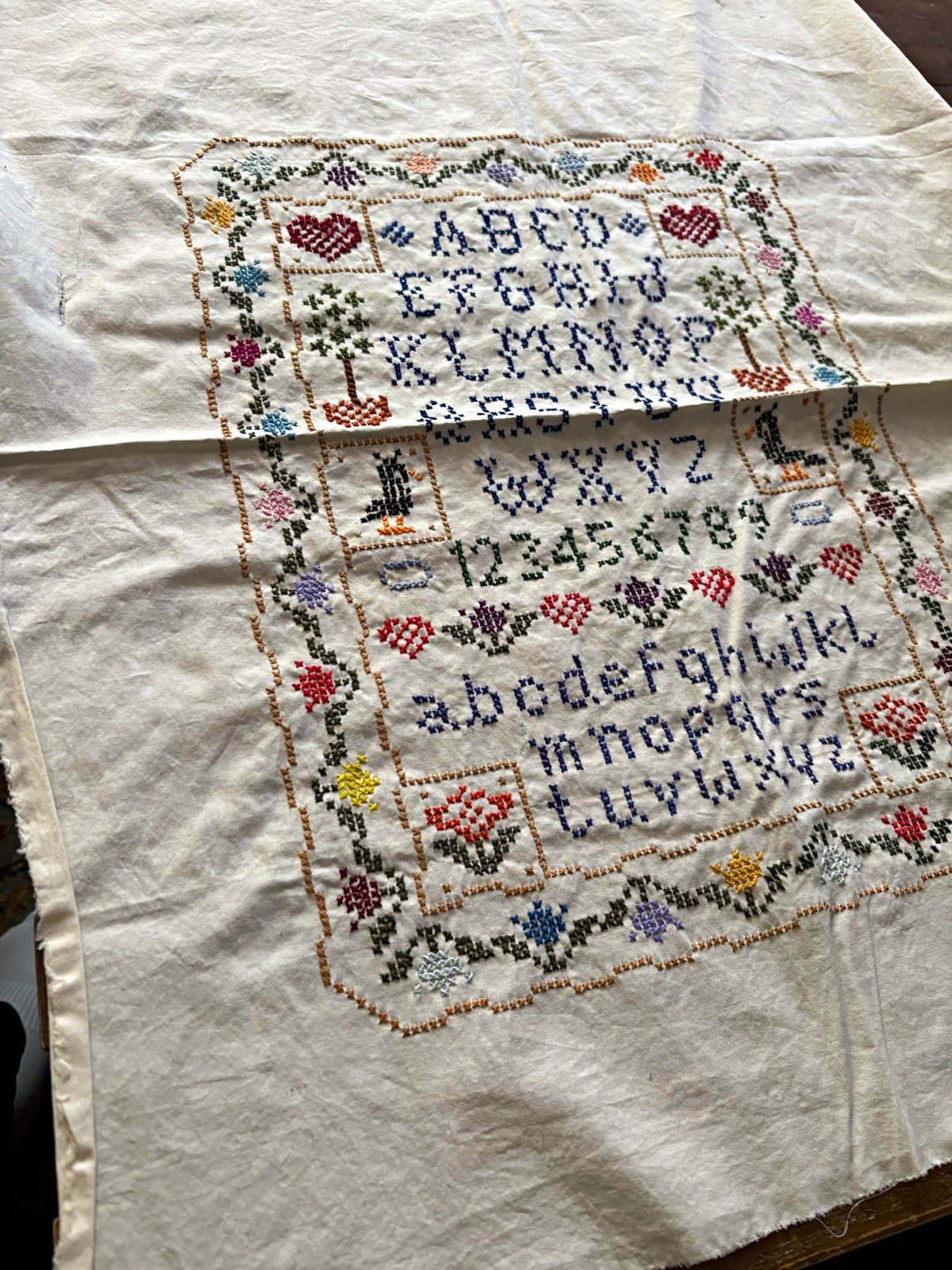 Vintage Handmade Cross Stitch Alphabet & Numbers Sampler trees crows flowers 